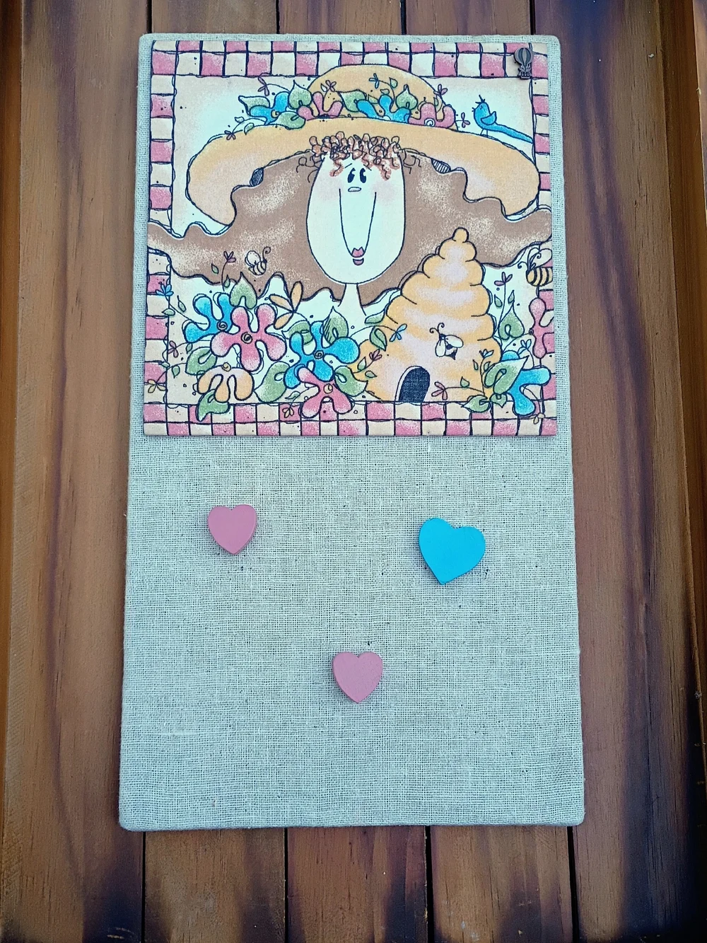80s/90s Linen Memo Note Holder With Whimsical Gal And Magnetic Back